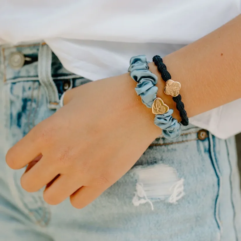 Gold Heart Silk Scrunchie Faded Denim