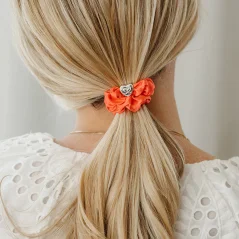 Silver Heart Silk Scrunchie Neon Peach