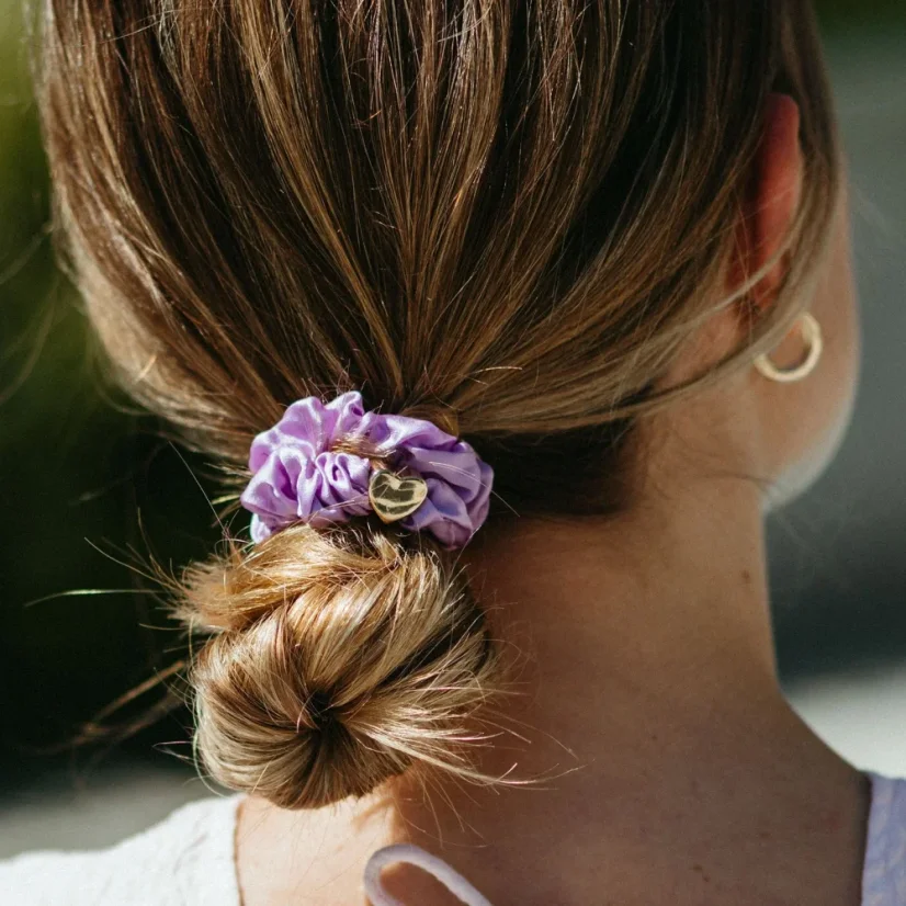 Gold Heart Silk Scrunchie Lilac