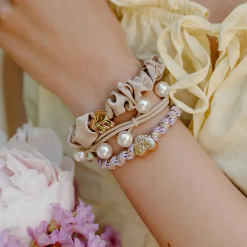 Gold Heart Silk Scrunchie Sand